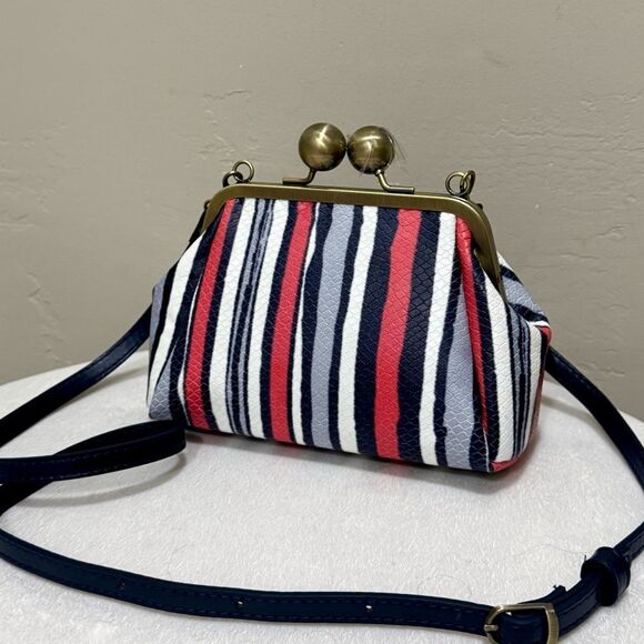 Colorful Striped Handmade Cowhide Big Ball Kisslock Wristlet/Multi Use Handbag - Picture 1 of 15